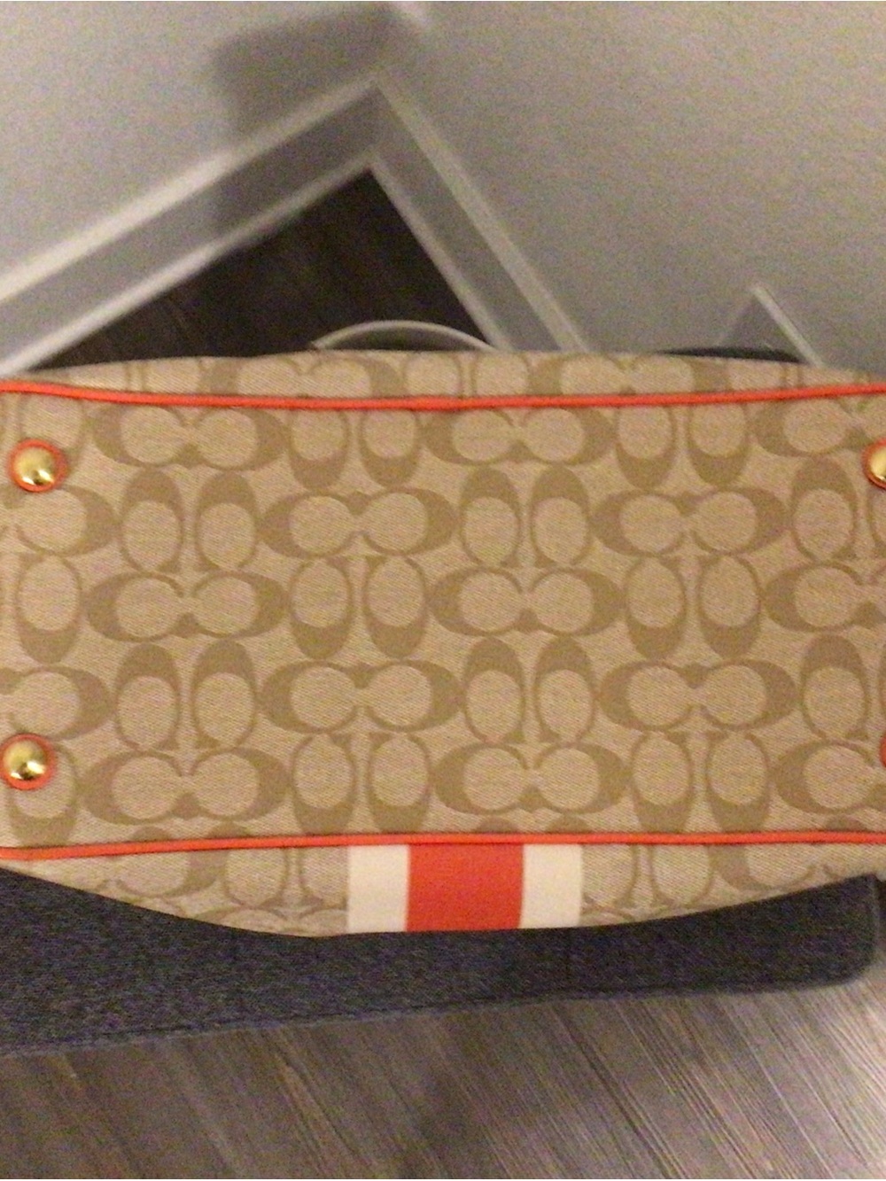 Coach Beige and Orange Stripe Canvas Tote with White Accents - Picture 3 of 6
